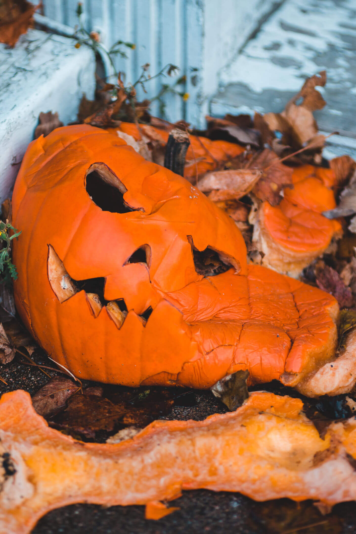 A carved Halloween pumpkin lying smashed on the ground